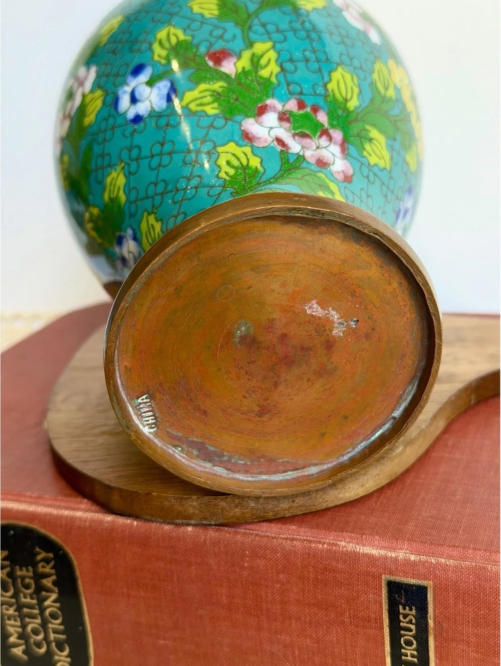 Vintage Chinese Cloisonne Enamel Vase Turquoise Floral Brass 10